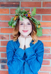 Redhead girl with oak leaves wreath at Germany Unity day