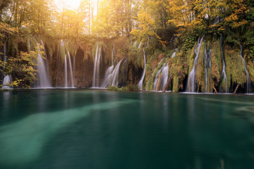 Majestic view on turquoise water and sunny beams. Unusual and gorgeous scene. Location famous resort Plitvice Lakes National Park, Croatia, Europe. Beauty world. 