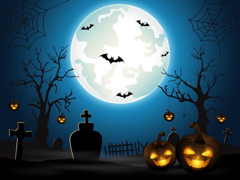 Halloween background with cemetery and bats