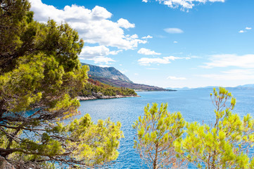 Fototapeta premium View of Adriatic Sea and bay with mountains in Dalmatia