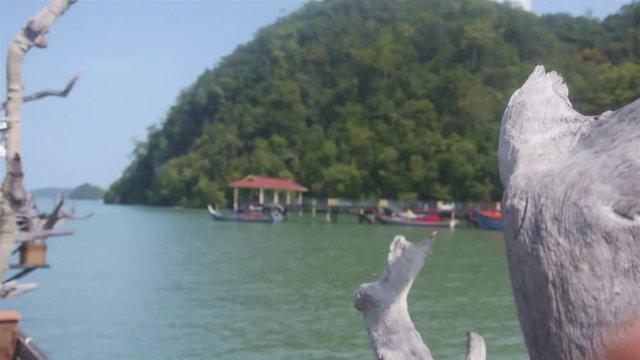 Houses And Boats On Water Source Near Moutains Behind Tree Trunk - Slide Forward 