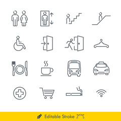 Simple Public Navigation Signs Icons / Vectors Set - In Line / Stroke Design with Editable Stroke