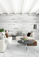 White bedroom or livingroom minimal style interior design with stylish wall and sofa. 3D Rendering. Conept of show room