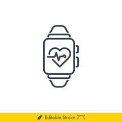 Heart Rate Monitor in Smartwatch Icon / Vector - In Line / Stroke Design with Editable Stroke