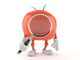 Tomato character looking through magnifying glass