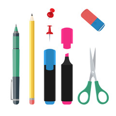 Set of office suplies, vector file collection: pen pencil highlighter markers eraser push-pins and scissors. Isolated on white background