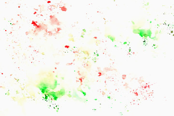 Green, red cheerful light multicolored spots on white paper, spring shades. Hand draw illustration.