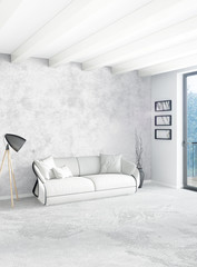 White bedroom or livingroom minimal style interior design with stylish wall and sofa. 3D Rendering. Conept of show room