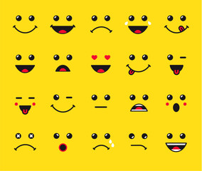 Set of emoticons or emoji illustration line icons. Smile icons line art isolated vector illustration on yellow background. Concept for World Smile Day smiling card or banner - Powered by Adobe