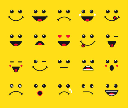 Set of emoticons or emoji illustration line icons. Smile icons line art isolated vector illustration on yellow background. Concept for World Smile Day smiling card or banner