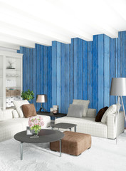 White bedroom or livingroom minimal style interior design with stylish wall and sofa. 3D Rendering. Conept of show room