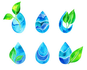 Set of watercolor blue splashes and drops. Blue watercolor spots.