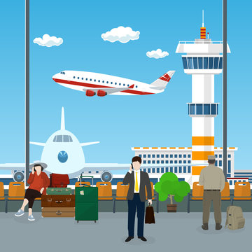 View on a Take-off Airplane and Control Tower through the Window from a Waiting Room at the Airport , Passengers Waiting for Boarding a Plane, Travel Concept, Vector Illustration
