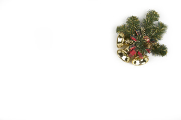 Christmas background with decorations  holly and present boxes, ribbon on white