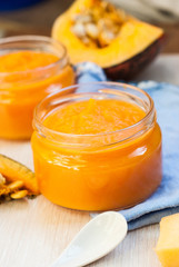 Organic pumpkin puree. Dietary dish. Baby food.