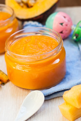 Organic pumpkin puree. Dietary dish. Baby food.