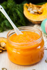 Organic pumpkin puree. Dietary dish. Baby food.
