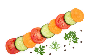 tomato, cucumber and carrot slice with spices isolated on white background with copy space for your text