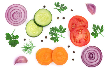tomato, cucumber and carrot slice with parsley leaves, dill, onion, garlic isolated on white background. Top view