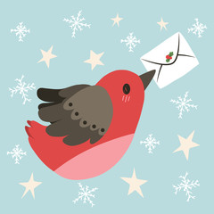 Cute illustration of flying bird holding letter with Christmas decoration