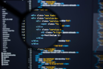 Real Html code developing screen. Programing workflow abstract algorithm concept. Lines of Html...
