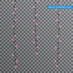 String lights. Realistic Christmas lights design elements with transparency. Glowing lights for winter holidays. Shiny garlands for Xmas and New Year
