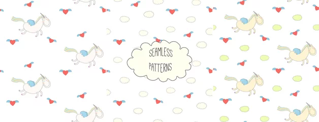  Set of hand drawn cute seamless vector patterns with winged unicorn, flying hearts and clouds, on a white background. © Maria Skrigan