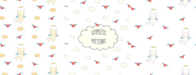 Fotobehang Set of hand drawn cute seamless vector patterns with little winged cat, flying hearts and clouds, on a white background. © Maria Skrigan