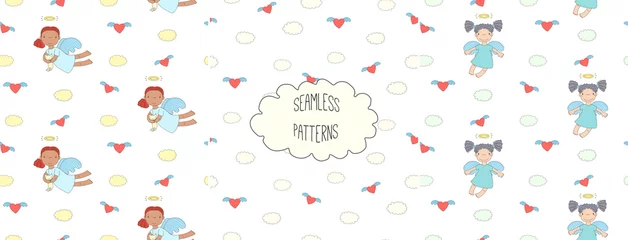  Set of hand drawn cute seamless vector patterns with little angel girls, one holding a cat, hearts, clouds, on a white background. © Maria Skrigan