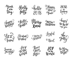 Happy New year and Merry Christmas hand lettering set for greeting cards. Vector winter holiday wishes.