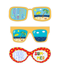 Hand drawn vector illustration of oversized glasses, with text Goodbye Summer and beach scene inside the lenses.