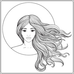 Young beautiful girl with long hair. Stock line vector illustrat