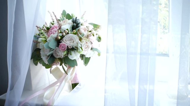 beautiful modern wedding bouquet, Bouquet of fresh roses on window