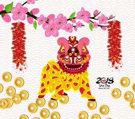 Lion dancing and chinese new year with firecracker
