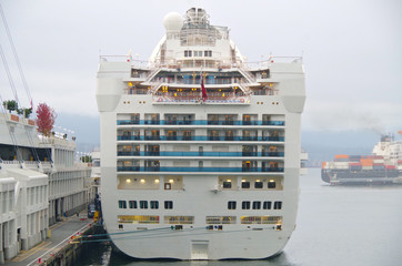 Rear or stern of luxury Princess cruiseship or cruise ship liner with balcony cabins staterooms in...