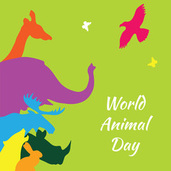 World animal day. Vector illustration of colorful animal silhouettes on a green background.