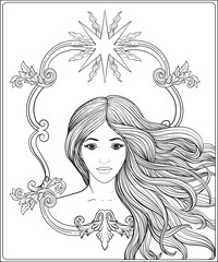 Young beautiful girl with long hair. Stock line vector illustrat