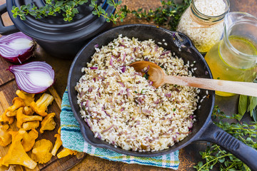 Risotto with chanterelle mushrooms and herbs. Italian food. 