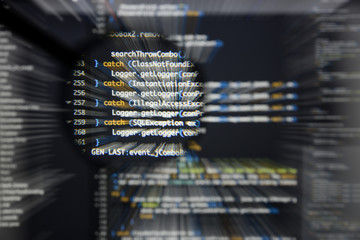 Real Java code developing screen. Programing workflow abstract algorithm concept. Lines of Java...