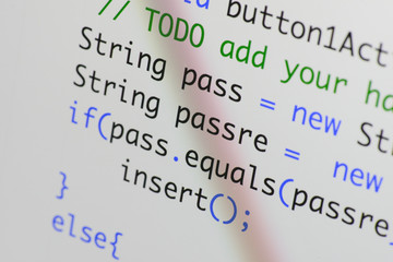 Real Java code developing screen. Programing workflow abstract algorithm concept. Lines of Java...