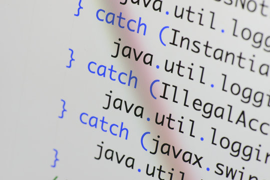 Real Java code developing screen. Programing workflow abstract algorithm concept. Lines of Java code visible .