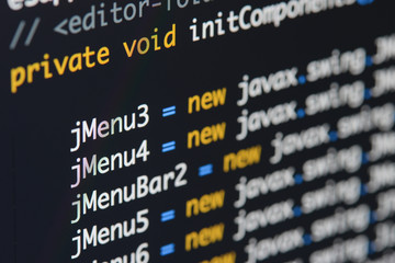 Real Java code developing screen. Programing workflow abstract algorithm concept. Lines of Java...