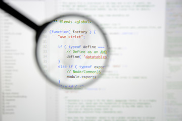 Real Java Script code developing screen. Programing workflow abstract algorithm concept. Closeup of...