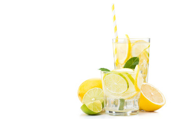fresh lemonade bottle glass  with fruits isolated