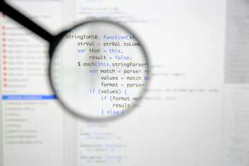Real Java Script code developing screen. Programing workflow abstract algorithm concept. Closeup of...