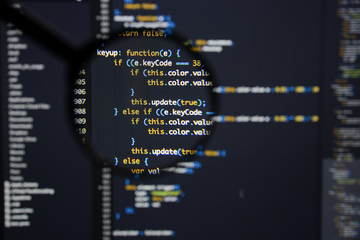 Real Java Script code developing screen. Programing workflow abstract algorithm concept. Closeup of...