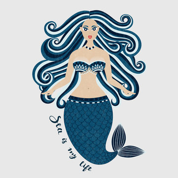 Mermaid. Hand drawn sea girl. Beautiful woman with tail. Marine summer design. Nixie with wild hair. Summertime. Poster, invitation, card, cover, banner, Vector, eps10