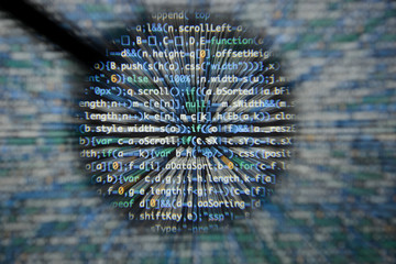Real Java Script code developing screen. Programing workflow abstract algorithm concept. Closeup of...