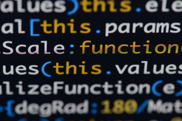 Real Java Script code developing screen. Programing workflow abstract algorithm concept. Closeup of...