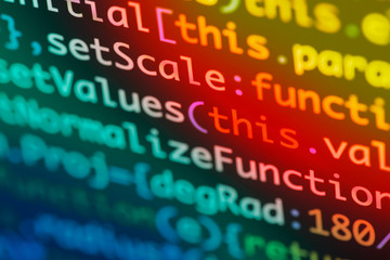 Real Java Script code developing screen. Programing workflow abstract algorithm concept. Closeup of...